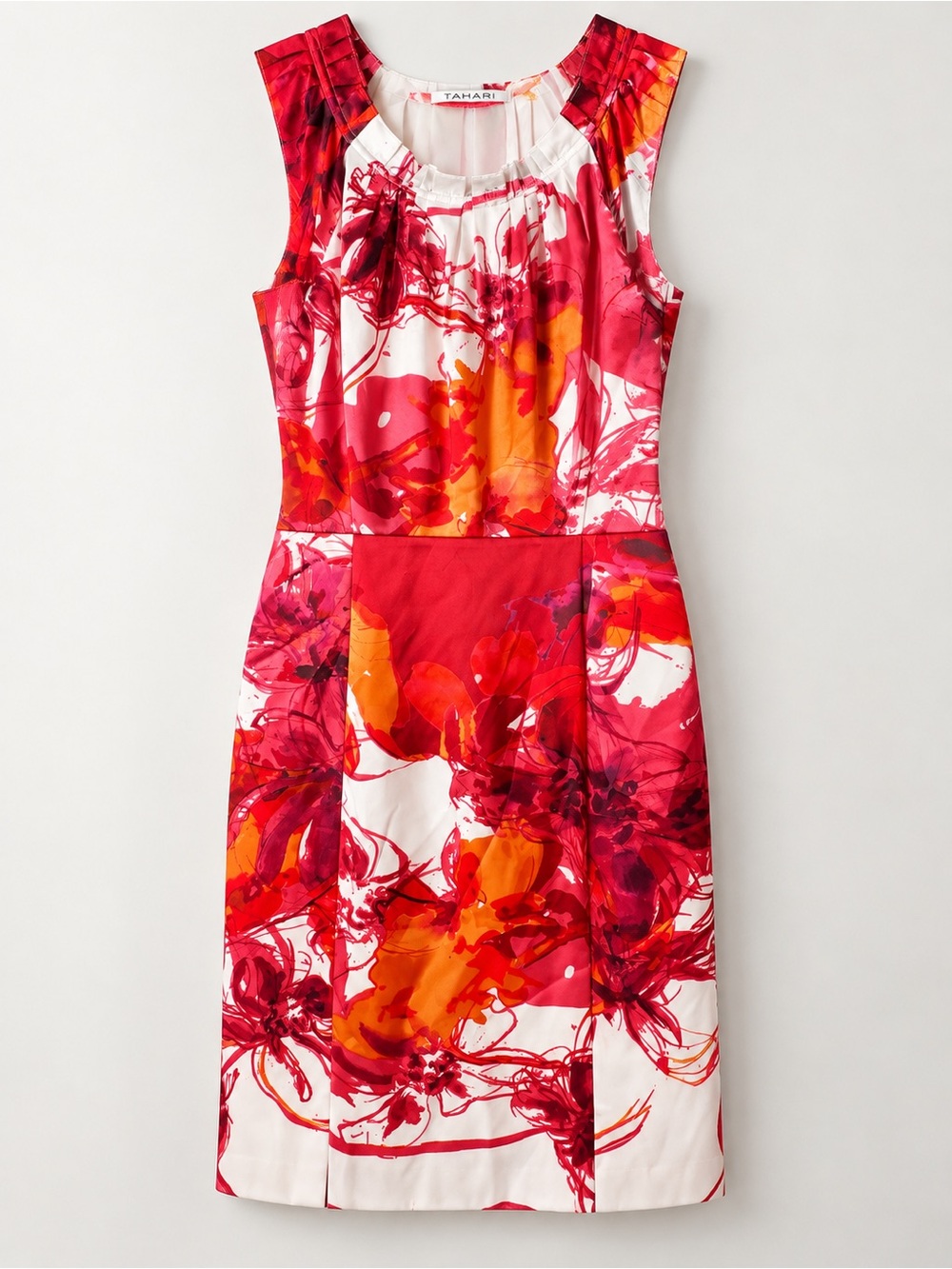 Tahari Red, Orange and White Floral Sheath Dress